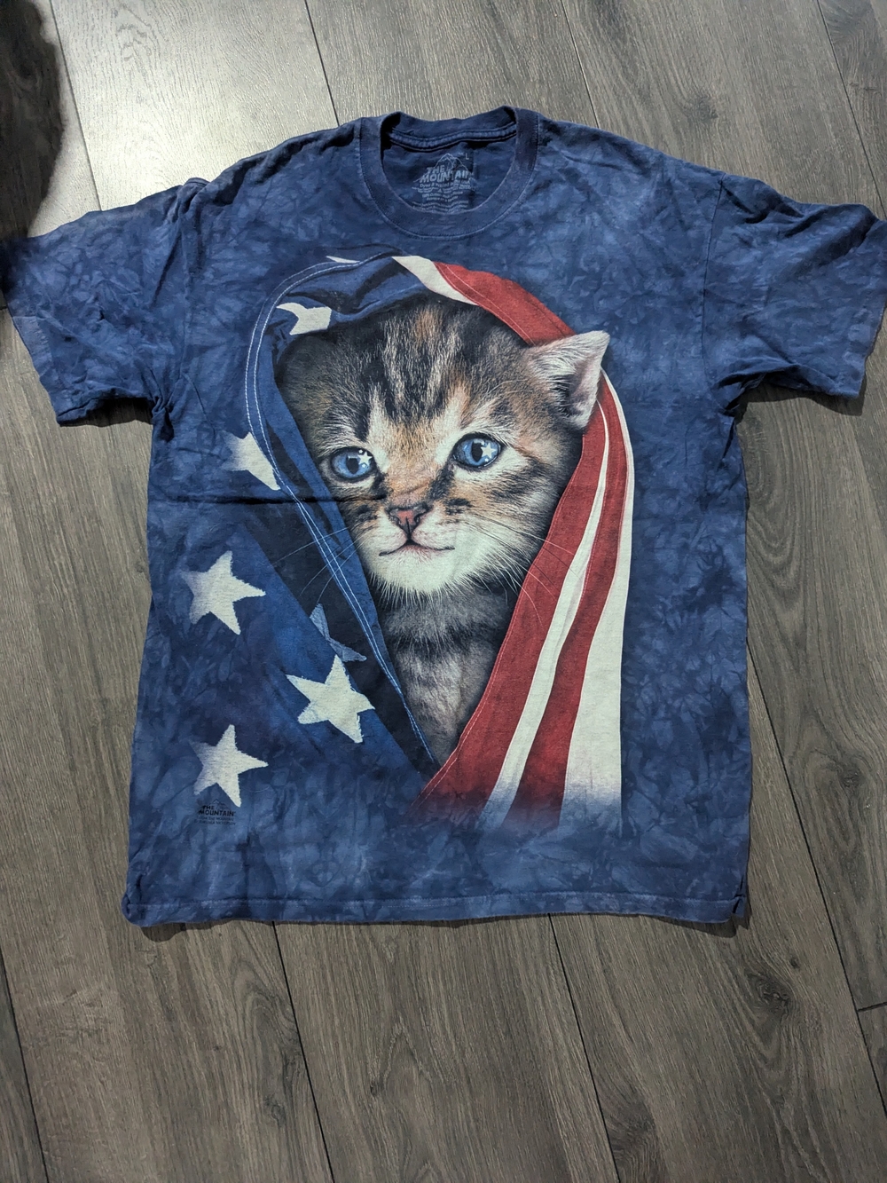 The Mountain Blue Tie-Dye Tee with Kitten and American Flag